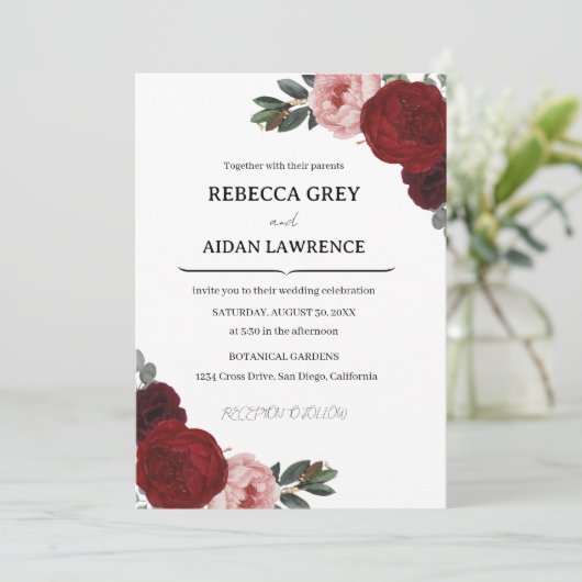 Elegant Romantic Botanical Burgundy Floral wedding 招待状 (スタンド正面)