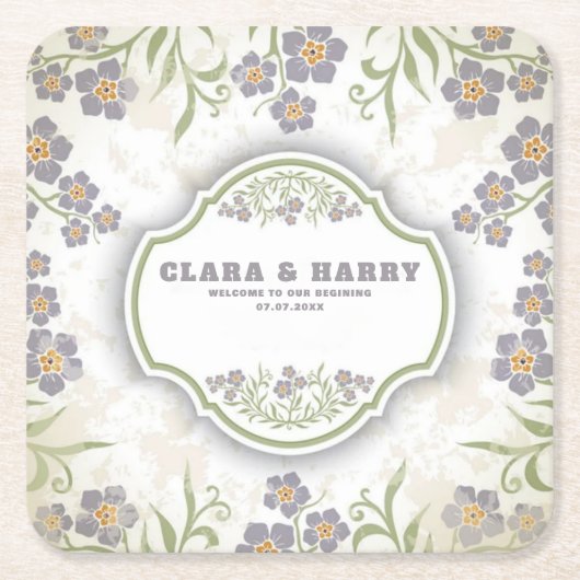 Elegant romantic calligraphy retro floral wedding  スクエアペーパーコースター (正面)
