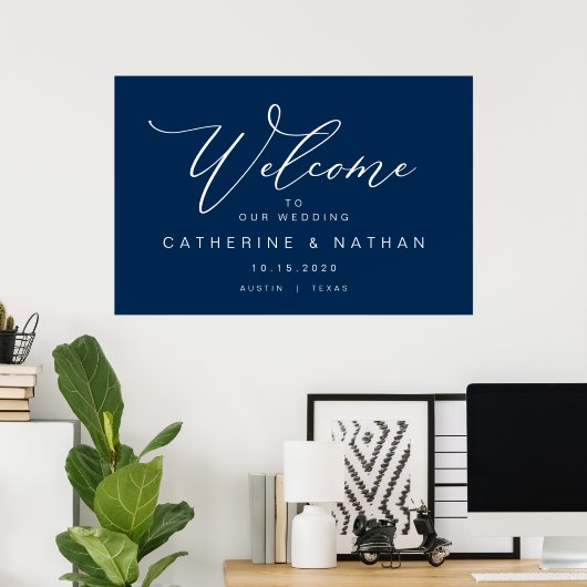 Elegant Romantic, Navy Blue font, Wedding Welcome ポスター (ホームオフィス)