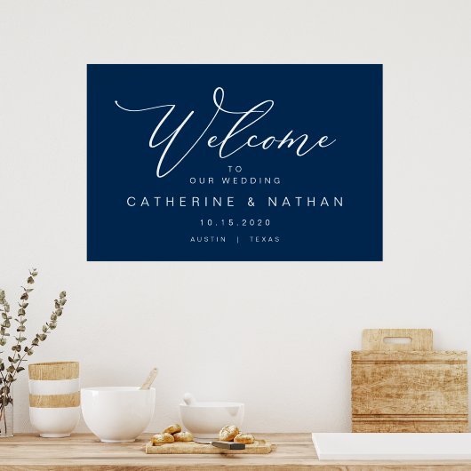 Elegant Romantic, Navy Blue font, Wedding Welcome ポスター (キッチン)