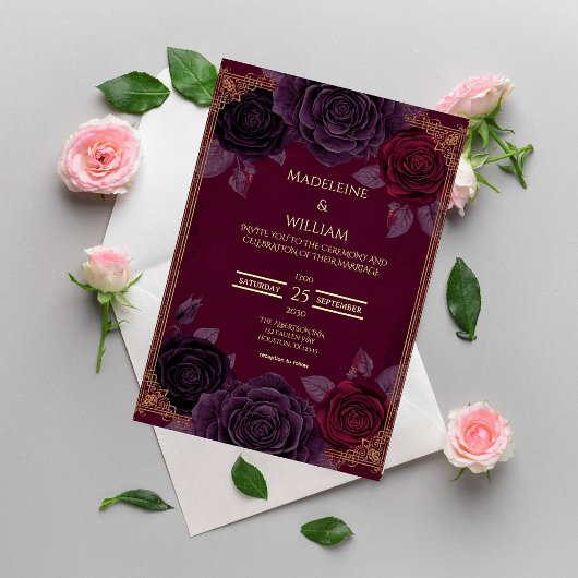 Elegant Romantic Roses Gothic Wedding Invitation 招待状
