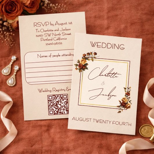Elegant Romantic Rusty Rose Autumn Wedding 出欠カード