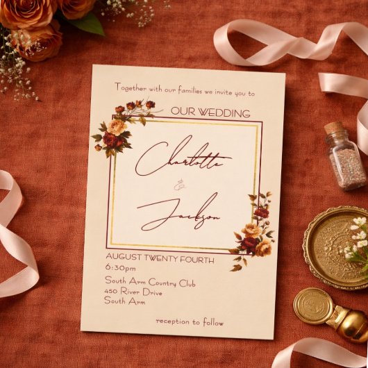 Elegant Romantic Rusty Rose Autumn Wedding 招待状