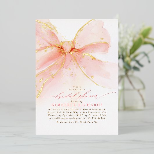 Elegant Romantic Soft Pink Bow Bridal Shower 箔招待状 (立ち正面)