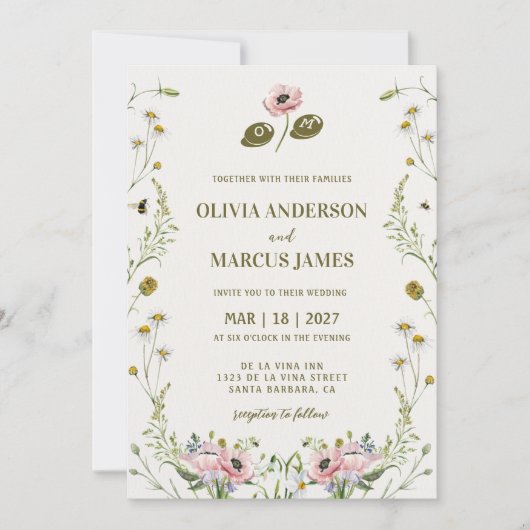 Elegant Romantic Spring Wildflower Wedding 招待状 (正面)