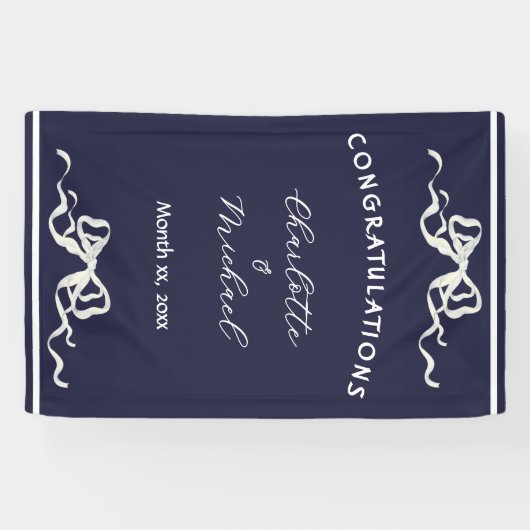 Elegant Romantic Wedding Navy Bow Congratulations  横断幕 (横)
