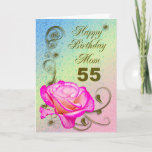 Elegant rose 55th birthday card for Mom カード<br><div class="desc">An elegant pink rose on a golden scroll work background. A beautiful card that will be sure to please your mother on her 55th birthday.</div>