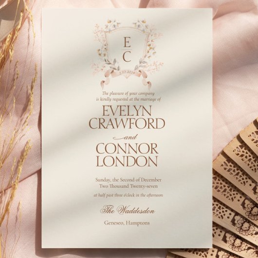 Elegant Rose Blush Floral Crest Wedding 招待状