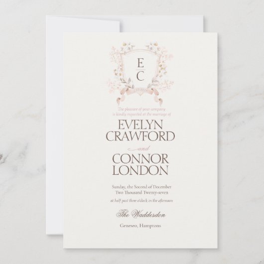 Elegant Rose Blush Floral Crest Wedding 招待状 (正面)