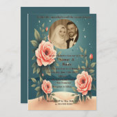 Elegant Rose Floral Starry Night Photo Muslim Wedd 招待状 (正面/裏面)