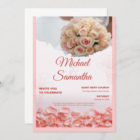 Elegant Rose Floral Wedding Invitation  招待状 (正面/裏面)