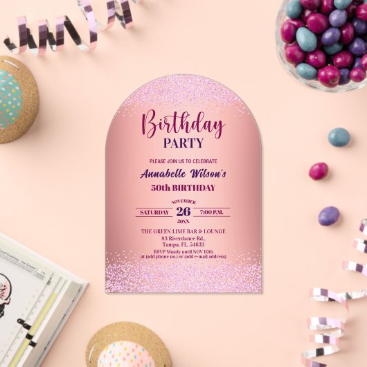 Elegant Rose Glitter Metallic Pink 50th Birthday  アクリル招待状 (インサイチュ (お祝い))