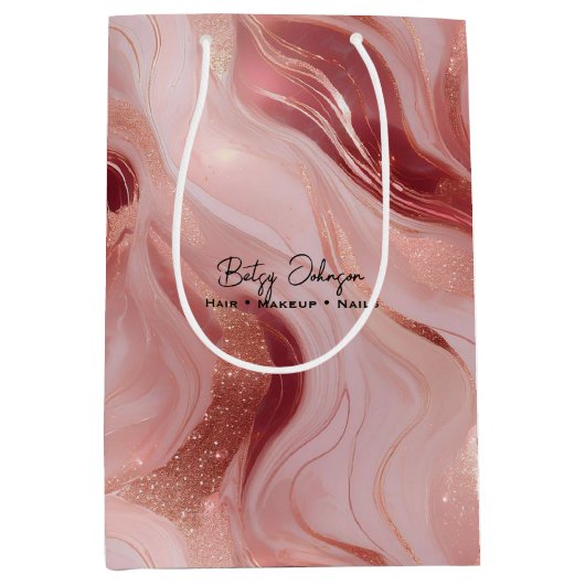 Elegant Rose Gold and Glitter Marbled ミディアムペーパーバッグ (正面)