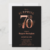 Elegant Rose Gold Black Surprise 70th Birthday 招待状 (正面)