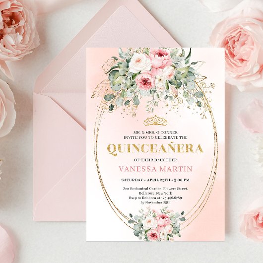 Elegant Rose Gold Blush Boho Quinceañera Invitatio 招待状