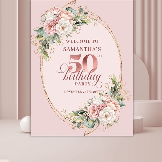 Elegant Rose Gold Blush Floral 50th Birthday タペストリー