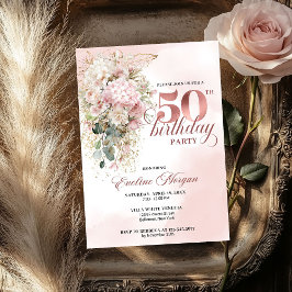 Elegant Rose Gold Blush Floral 50th Birthday Party 招待状