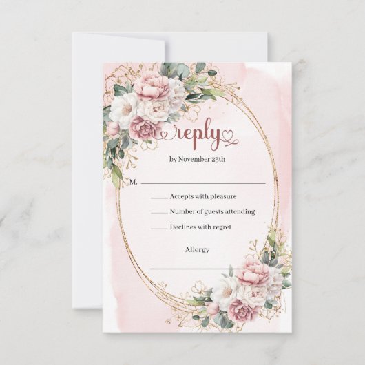 Elegant Rose Gold Blush Floral Wedding RSVP Card (正面)