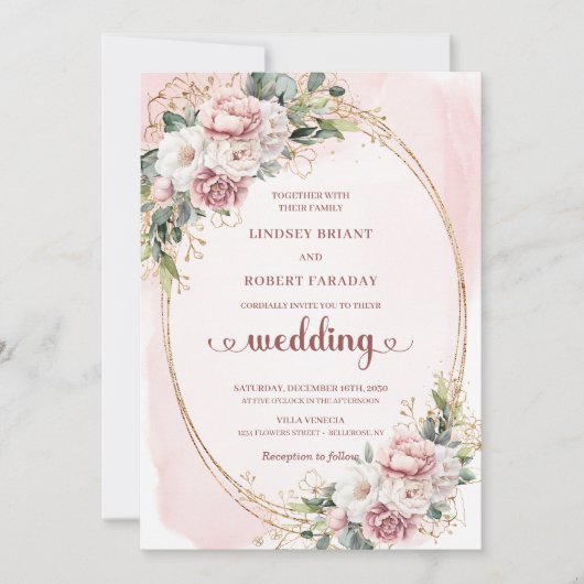Elegant Rose Gold Blush Garden Wedding Invitation 招待状 (正面)