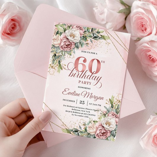 Elegant Rose Gold Boho Floral 60th Birthday Invitw 招待状