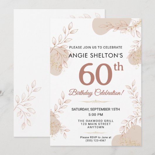 Elegant Rose Gold Botanical 60th Birthday 招待状 (正面/裏面)