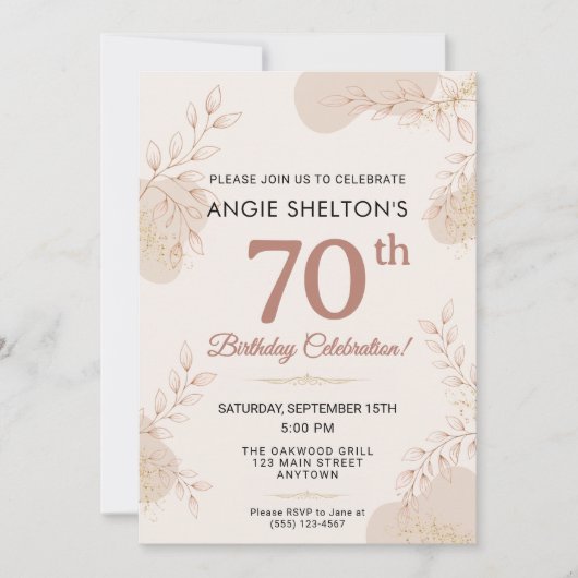 Elegant Rose Gold Botanical 70th Birthday 招待状 (正面)