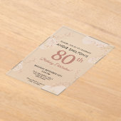 Elegant Rose Gold Botanical 80th Birthday アクリル招待状 (レイダウン)