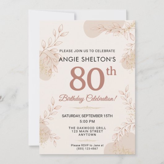 Elegant Rose Gold Botanical 80th Birthday 招待状 (正面)