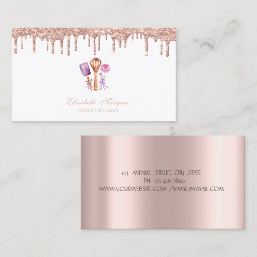 Elegant Rose Gold Drips Bakery Tools Flowers 名刺 (正面/裏面)