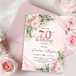 Elegant Rose Gold Dusty Pink Floral 70th Birthday  招待状