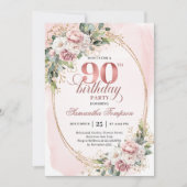 Elegant Rose Gold Eucalyptus Floral 90th Birthday  招待状 (正面)