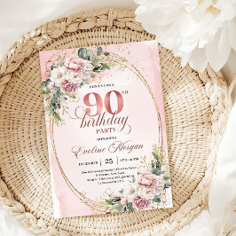 Elegant Rose Gold Eucalyptus Floral 90th Birthday  招待状