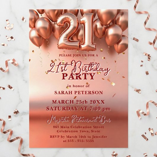 Elegant Rose Gold Faux Foil Balloons 21st Birthday 招待状