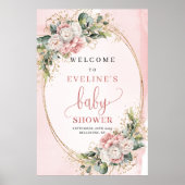 Elegant Rose Gold Floral Baby Shower Welcome Sign ポスター (正面)