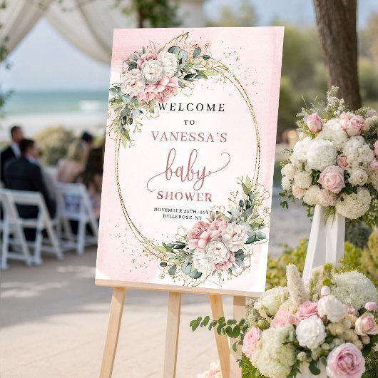 Elegant Rose Gold Floral Baby Shower Welcome Sign ポスター