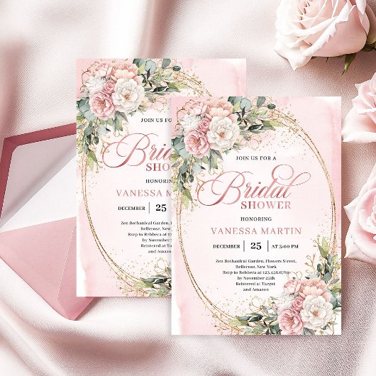 Elegant Rose Gold Floral Bridal Shower Invitation 招待状