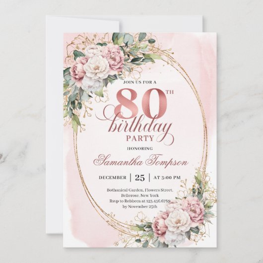 Elegant Rose Gold Floral Eucalyptus 80th Birthday 招待状 (正面)