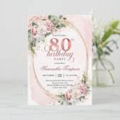 Elegant Rose Gold Floral Eucalyptus 80th Birthday 招待状 (スタンド正面)