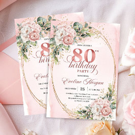 Elegant Rose Gold Floral Eucalyptus 80th Birthday  招待状