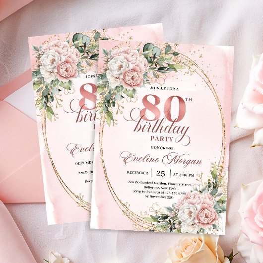 Elegant Rose Gold Floral Eucalyptus 80th Birthday  招待状