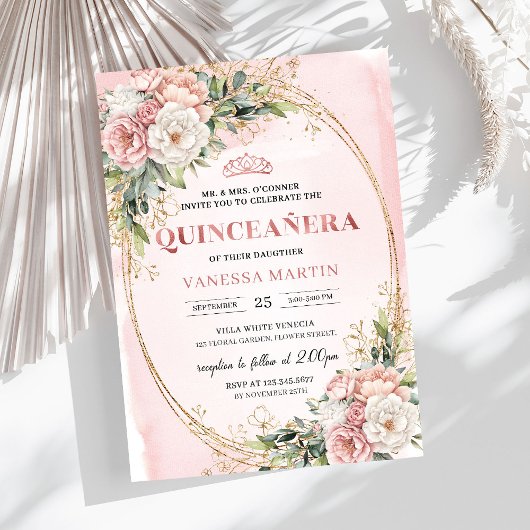 Elegant Rose Gold Floral Eucalyptus Quinceañera  招待状