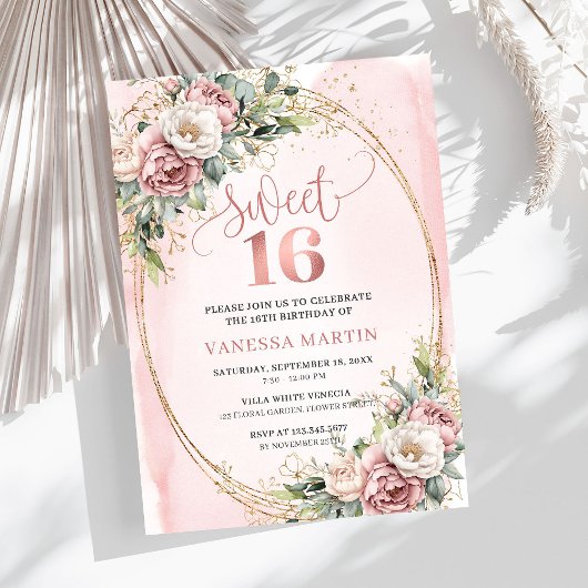 Elegant Rose Gold Floral Eucalyptus Sweet 16 Invit 招待状