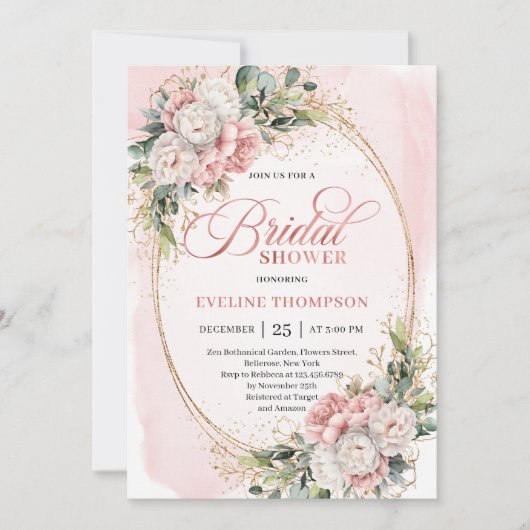 Elegant Rose Gold Flowers Eucalyptus Shower 招待状 (正面)
