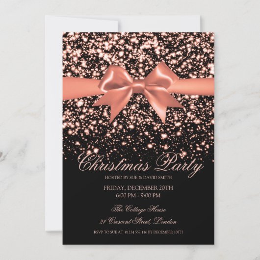 Elegant Rose Gold Glam Red Bow Christmas Party  招待状 (正面)