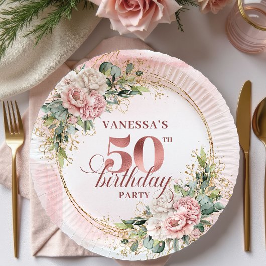 Elegant Rose Gold Glitter 50th Birthday Floral ペーパープレート