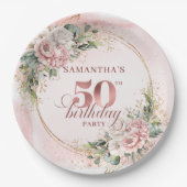 Elegant Rose Gold Glitter 50th Birthday Floral ペーパープレート (正面)