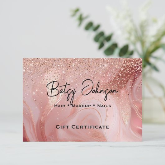 Elegant Rose Gold Glitter Gift Certificate Card 招待状 (スタンド正面)