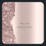 Elegant Rose Gold Glitter Gold Rings スクエアシール<br><div class="desc">Elegant chic glitter border and gold heart rings on a rose gold background.</div>
