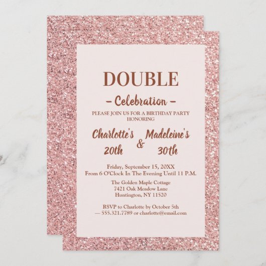Elegant Rose Gold Glitter Joint Birthday 招待状 (正面/裏面)