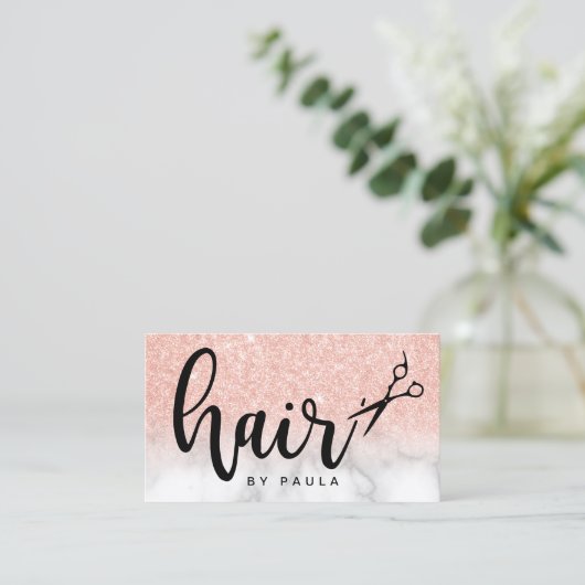 Elegant rose gold glitter scissors hairstylist 名刺 (スタンド正面)